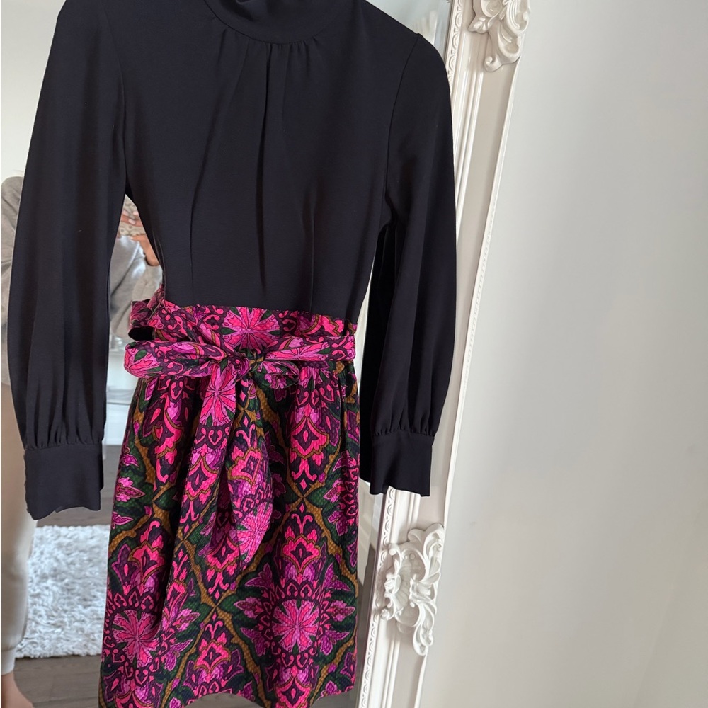 Milly Black Top with Fuchsia Patterned Skirt and Waist Tie